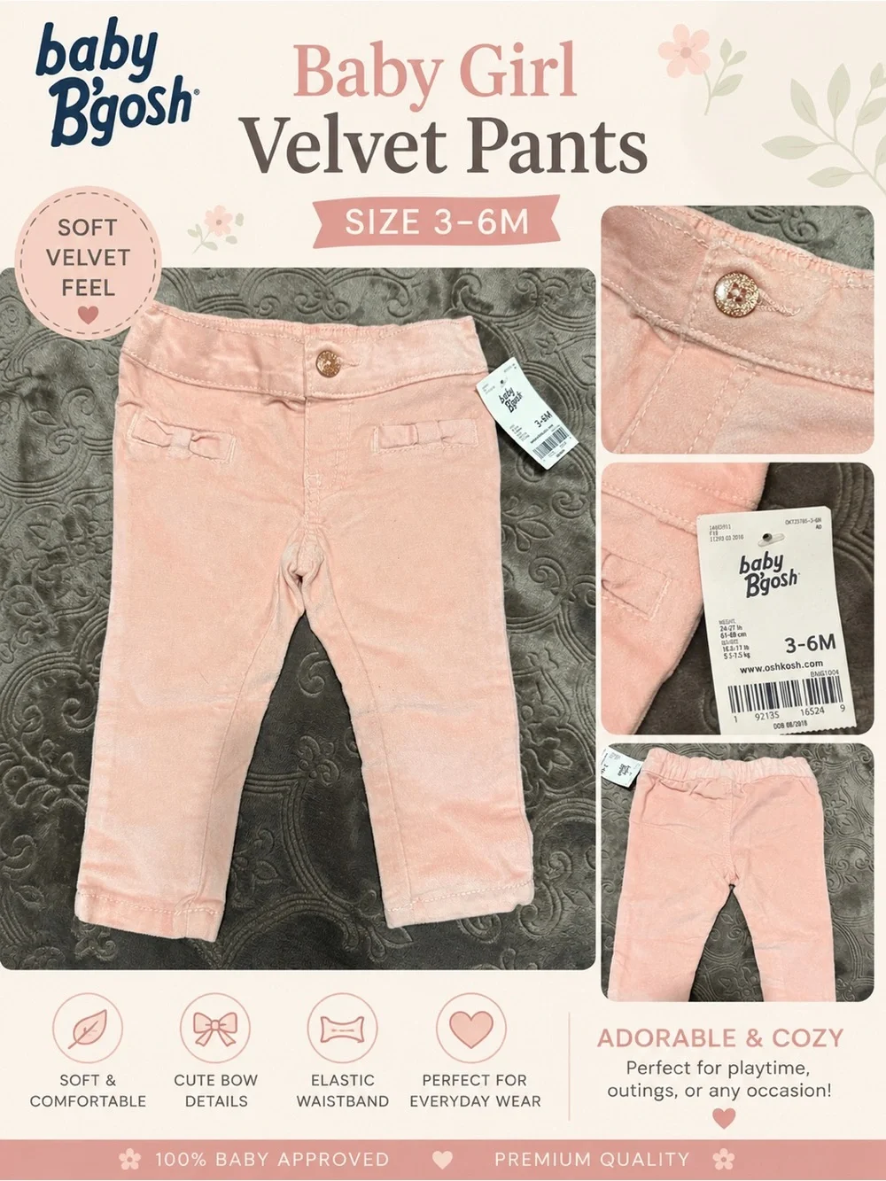 OshKosh B'gosh Pink Velvet Baby Pants 3-6 Months